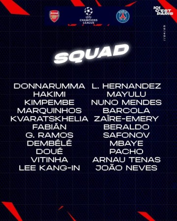 巴黎客战阿森纳名单:登贝莱领衔,阿什拉夫、K77在列&姆巴耶回归